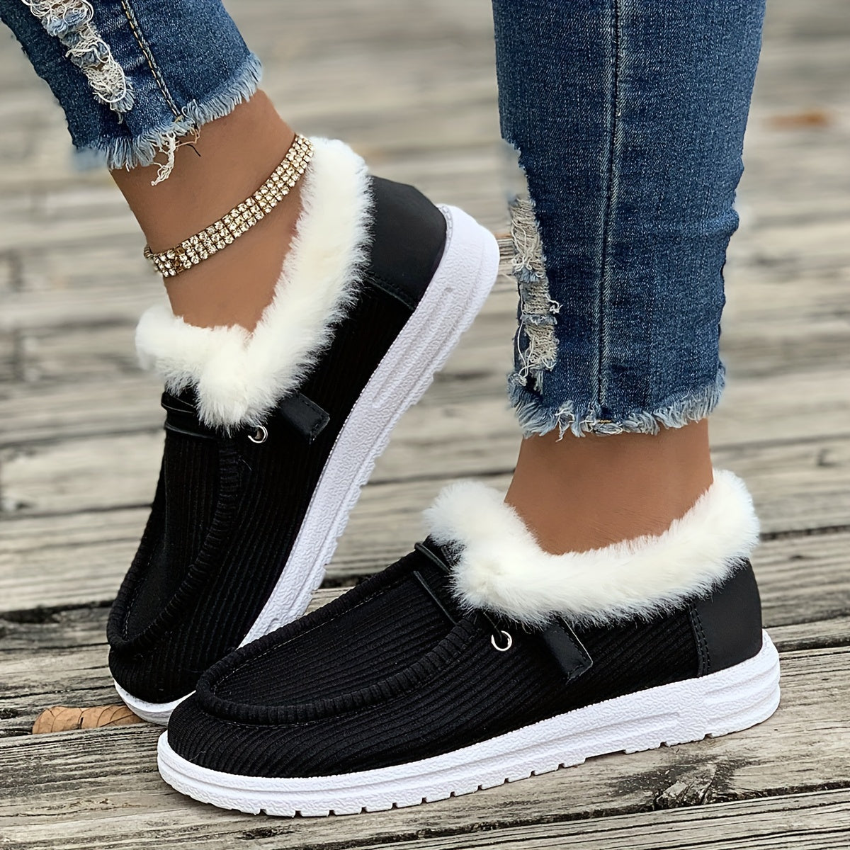 Winter Plush Lined Sneakers, Cozy Round Toe Flat Shoes