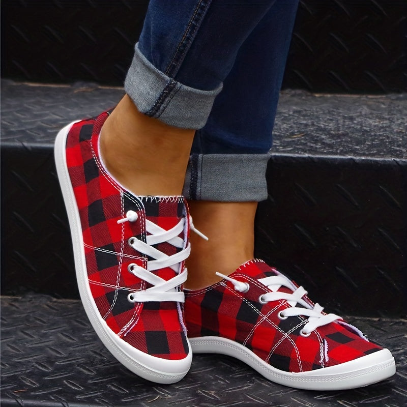Red Plaid Pattern Canvas Shoes, Casual Flat Sneakers