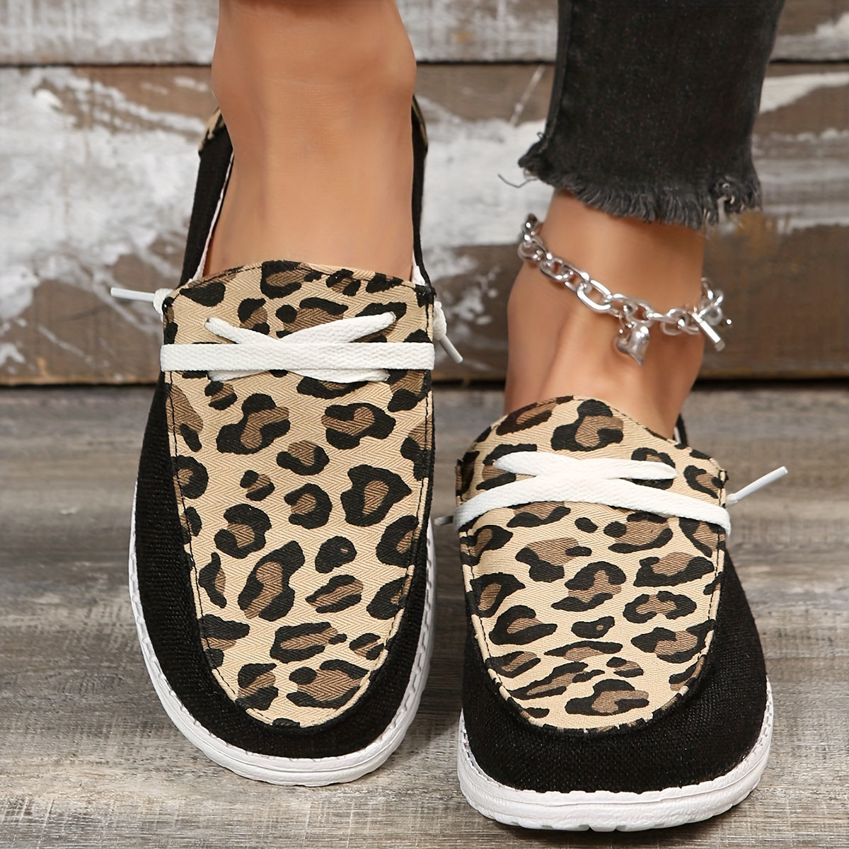 Leopard Printed Canvas Shoes, Casual Lace Up Sneakers